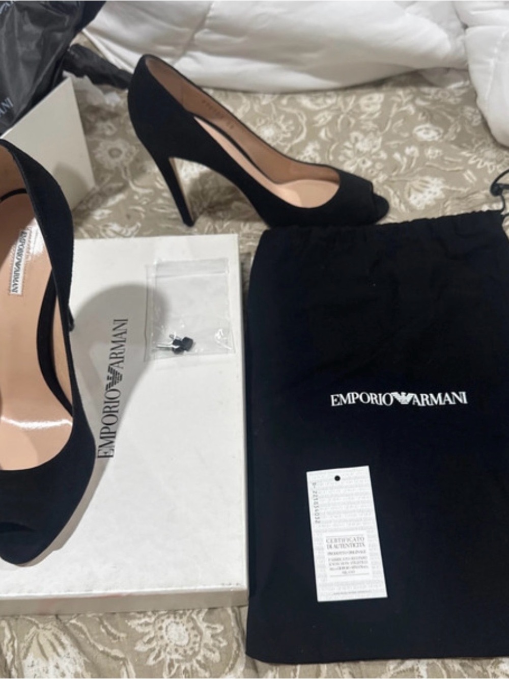 Giorgio Armani Black Suede Peep-Toe Stiletto Pumps